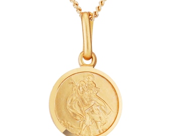 9ct Gold on Sterling Silver St Christopher 10mm Round Pendants Satin Finish Plain Back Free Gift Box Optional 16" 18" 20" Curb Chain