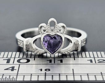 Sterling Silver Claddagh Ring Childs Ladies Gents Purple Amethyst CZ February stone Cladda Heart Hands Irish Wed Gift Box Large Sizes