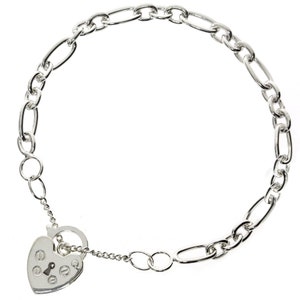 925 Sterling Silver Charm Bracelet Ladies Childs Flat Round Curb Figaro Trombone Screws Pattern Padlock Safety Chain Gift Box