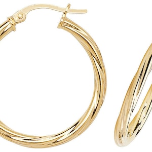 9 kt gouden ringoorbellen, 25 x 2 mm kabel creools gedraaide buis patroon dwarsliggers lussen geschenkdoos