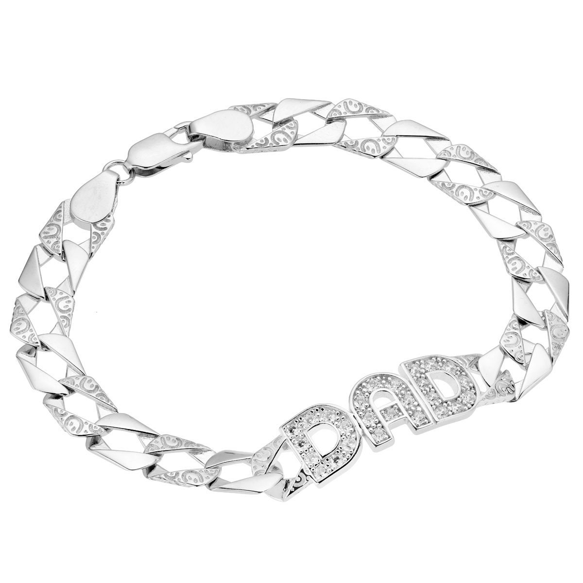 Sterling Silver Dad Bracelet 8.8" Dad ID Identity Curb Link CZ Bracelet Gift Box