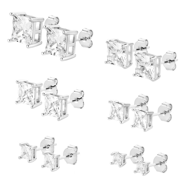 Sterling Silver CZ Stud Earrings 3mm 4m 5mm 6mm 7mm 8mm Square Cubic Zirconia Heavy Weight Solid Casted