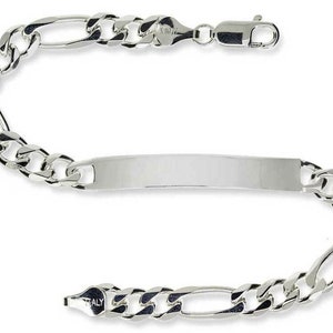 Sterling Silver ID Bracelet Free Engraving 8.5" Gents Identity Solid Figaro Curb Chain Free Gift Box