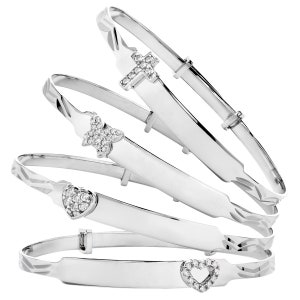 Bracelet jonc bébé en argent sterling avec gravure d&#39;identité gratuite, plaque d&#39;identité de baptême extensible, boîte cadeau coeurs croix