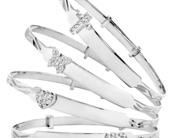 Sterling Silver Baby Bangle Free Engraving ID Expandable Christening Identity Plate Bracelet Hearts Cross Free Gift Box
