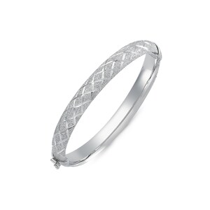 May include: A silver bangle bracelet with a textured, diamond-shaped pattern.