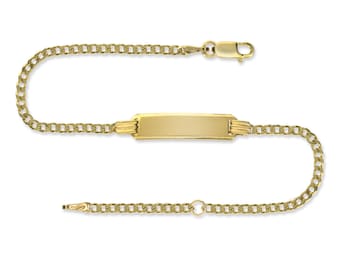 9CT Gold Identity Bracelet Free Engraving Childs Maidens D/C Curb Chain Link ID Free Gift Box