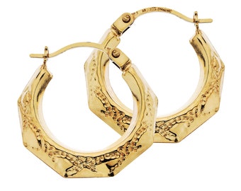 9ct Gold Engraved Hoop Earrings 17mm Embossed Creoles Octagonal Shape Gift Box