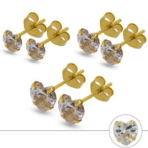 9CT Gold CZ Studs Heart Shape White Cubic Zirconia Claw Set Stud Earrings Gift Boxed