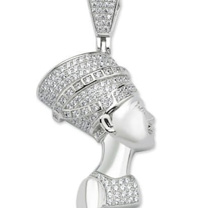 Sterling Silver Nefertiti Pendant 44mm Egyptian Queen CZ Cubic Zirconia Medal Gift Box