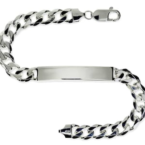 Sterling Silver ID Bracelet Free Engraving Gents 8.4" Identity Solid Curb Chain Link Free Gift Box