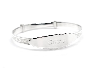 Sterling Silver Baby ID Bangle Free Engraving ID Plate Expandable Engraved Embossed Pattern Bracelet Free Gift Box