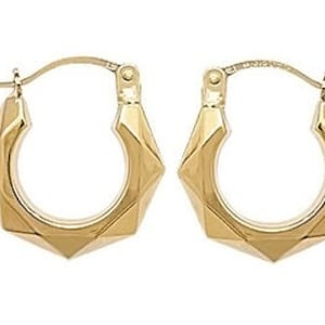 9CT Gold Hoop Earrings 14mm Multi Face Plain Round Faceted Creole Loops Sleepers Gift Box