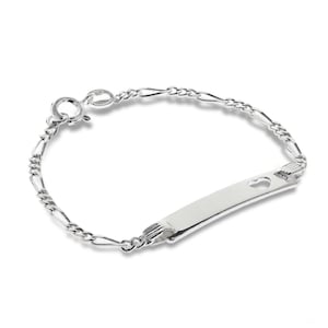Sterling Silver Baby Identity Bracelet 5.5" Childs Heart Cut Out Diamond Cut Figaro Link Name Chain ID Plate Engraving Personalised Gift Box