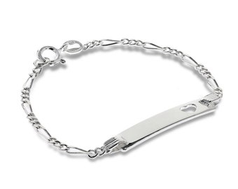 Sterling Silver Baby Identity Bracelet 5.5&quot; Childs Heart Cut Out Diamond Cut Figaro Link Name Chain ID Plate Engraving Personalised Gift Box