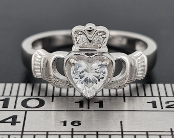 Sterling Silver Claddagh Ring Childs Ladies Gents White Cubic Zirconia CZ April Birthstone Cladda Heart Hands Irish Wed Gift Box Large Sizes