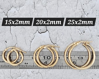Gold Plated Sterling Silver Hoop Earrings 2mm Round Polished Plain Tube Creoles 925 Gift Box
