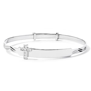 Bracelet jonc bébé en argent sterling avec gravure d&#39;identité gratuite, plaque d&#39;identité de baptême extensible, boîte cadeau coeurs croix