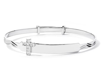 Sterling Silver Baby Bangle Free Engraving ID Expandable Christening Identity Plate Bracelet Hearts Cross Free Gift Box