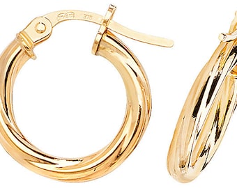9CT Gold Hoop Earrings 2.0mm Cable Twist Creole Tube Ribbed Pattern Ribbon Sleepers Gift Box