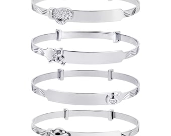 Sterling Silver Baby Bangle Free Engraving ID Expandable Christening Identity Plate Bracelet Teddy Boxing Glove Duck Free Gift Box
