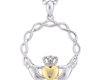 9ct Gold on Sterling Silver 25mm Claddagh Round Irish Knot Pendant Necklace with 16" 18" 20" Diamond Cut Belcher Chain Option