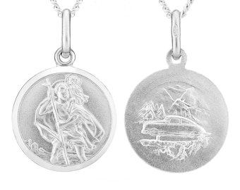 Sterling Silver St Christopher 14mm Round Pendants Satin Finish Travel Back Car Boat Planes Free Gift  Box Optional 16" 18" 20" Curb Chain