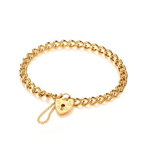 May include: A gold chain bracelet with a heart-shaped padlock charm. The chain is a curb style and the charm has a keyhole.