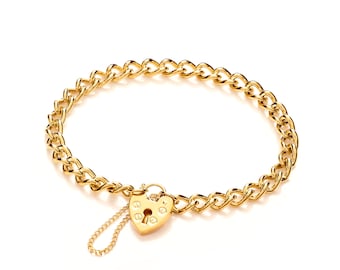 9CT Gold Charm Bracelet 7.6" Ladies Flat Round Curb With Screws Pattern Padlock Safety Chain Gift Box