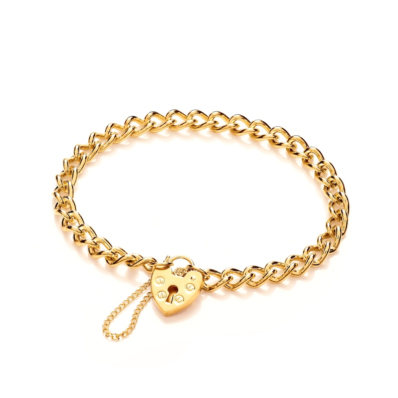 May include: A gold chain bracelet with a heart-shaped padlock charm. The chain is a curb style and the charm has a keyhole.
