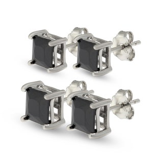 Sterling Silver CZ Stud Earrings 5mm 6mm Black Square Cubic Zirconia Heavy Weight Solid Casted