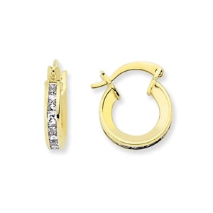 9CT Gold CZ Hoop Earrings Cubic Zirconia 12X3mm Huggie Crystal Cuff Eternity Hinged Gift Box