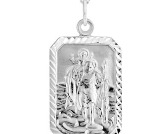 Sterling Silver St Christopher Necklace Free Engraving 28x19mm Octangle Pendant 16" 18" 20" Fine Curb Chain Gift Box