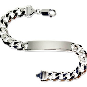 Sterling Silver ID Bracelet Free Engraving Gents 8.4" Solid Identity Plate Curb Chain link Free Gift Box