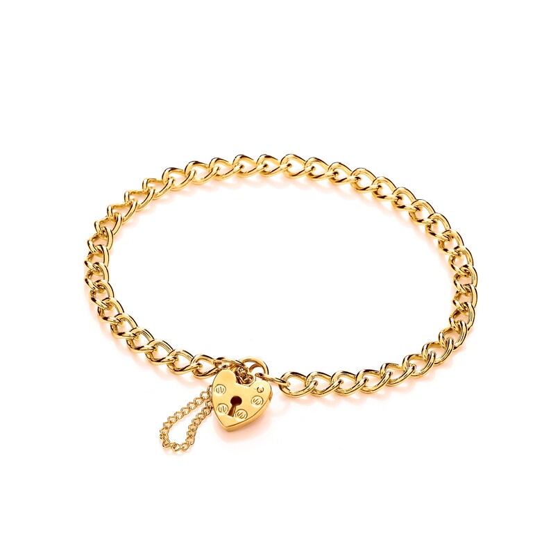 May include: A gold chain bracelet with a heart-shaped padlock charm. The charm has a keyhole and decorative details.
