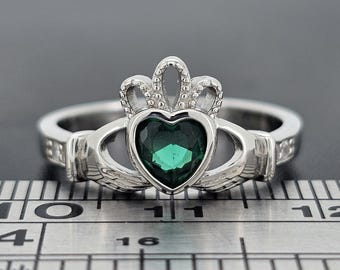 Sterling Silver Claddagh Ring Childs Ladies Gents Green Emerald CZ May stone Cladda Heart Hands Irish Wed Gift Box Large Sizes
