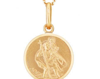 9ct Gold on Sterling Silver St Christopher 12mm Round Pendants Satin Finish Plain Back Free Gift Box Optional 16" 18" 20" Curb Chain