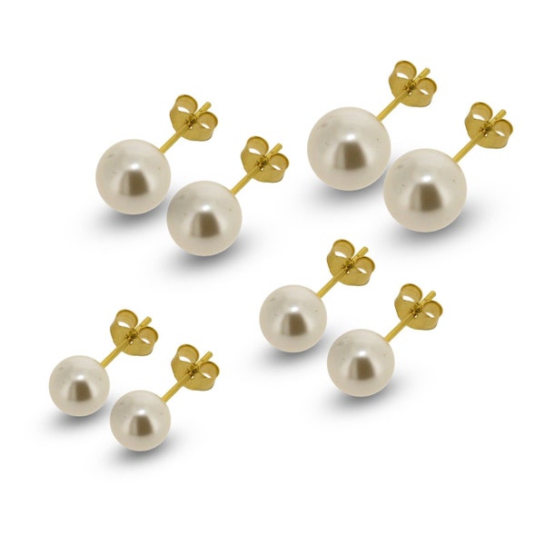 9CT Gold Pearl Studs White Round Simulated 4 5 6 7 8mm Stud Earrings Gift Boxed