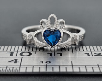 Sterling Silver Claddagh Ring Childs Ladies Gents Blue Sapphire CZ September Birthstone Cladda Heart Hands Irish Wed Gift Box Large Sizes