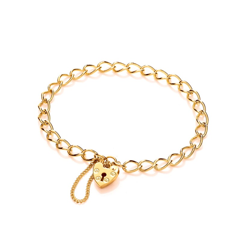 May include: A gold chain bracelet with a heart-shaped padlock charm. The charm has a keyhole and is detailed with small circles.