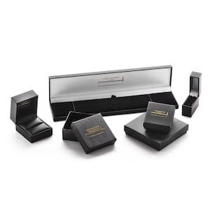 May include: Five black gift boxes with gold lettering. The boxes are all different sizes and shapes. The largest box is open and has a white interior. The boxes are all labeled "Craftsy Creations London".