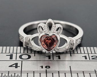 Sterling Silver Claddagh Ring Childs Ladies Gents Red Garnet CZ January stone Cladda Heart Hands Irish Wed Gift Box Large Sizes