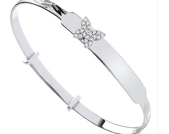 Sterling Silver Baby Bangle Free Engraving ID Childs Christening CZ Bracelet Butterfly Gift Box