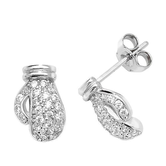 Large Gold Tone Boxing Glove White AB Crystal Diamond-Shape Earrings