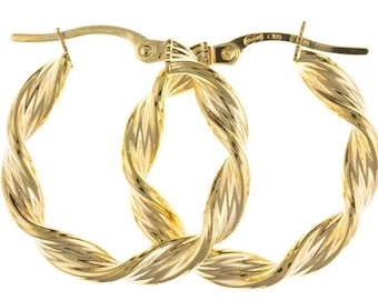 9CT Gold Hoop Earrings 17x3.0mm Ribbon Twist Creoles Satin Tube Patterned Round Sleepers Gift Box