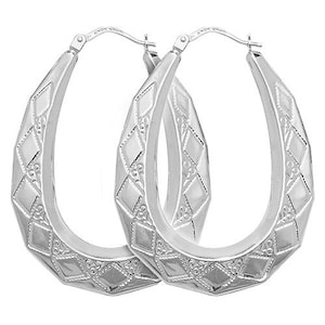 May include: A pair of silver hoop earrings with a diamond pattern. The earrings are oval shaped and have a polished finish.
