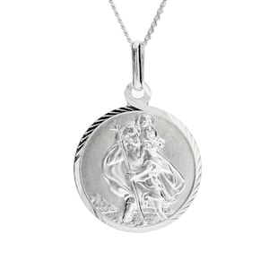 Sterling Silver St Christopher Necklaces 16mm Round Satin Finish 16" 18" 20" Fine Curb Chain Gift Box