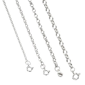 May include: Four silver chains of different lengths and thicknesses, all with a clasp at the end.
