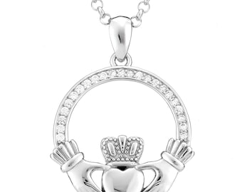 925 Sterling Silver 23mm CZ Cubic Zirconia Claddagh Round Pendant Necklace with 16" 18" 20" Diamond Cut Belcher Chain Option