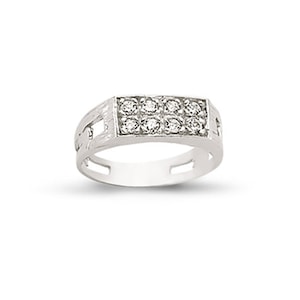 May include: A silver ring with a rectangular band set with small clear stones.